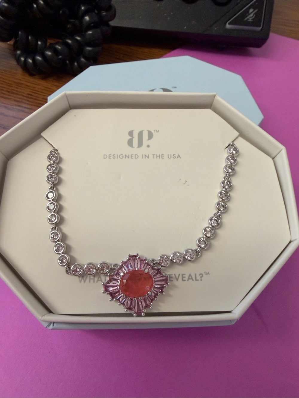 Bomb Party Brighton Silver Necklace with Pink Sunburst Center